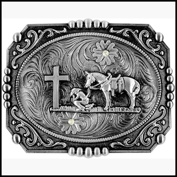 Zinc Alloy Western Belt Buckle with Cross Cowboy and Horse Design main image 6